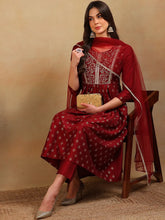 Women Maroon Silk Blend Woven Design A-Line Kurta Pant Set With Dupatta